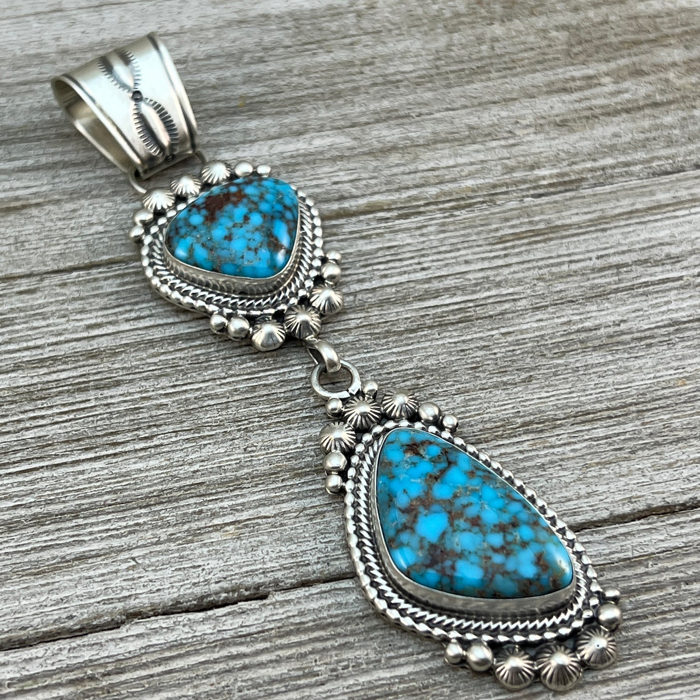 Blue Kingman Spiderweb Turquoise Pendant 2 Navajo Sterling Silver Tom Lewis