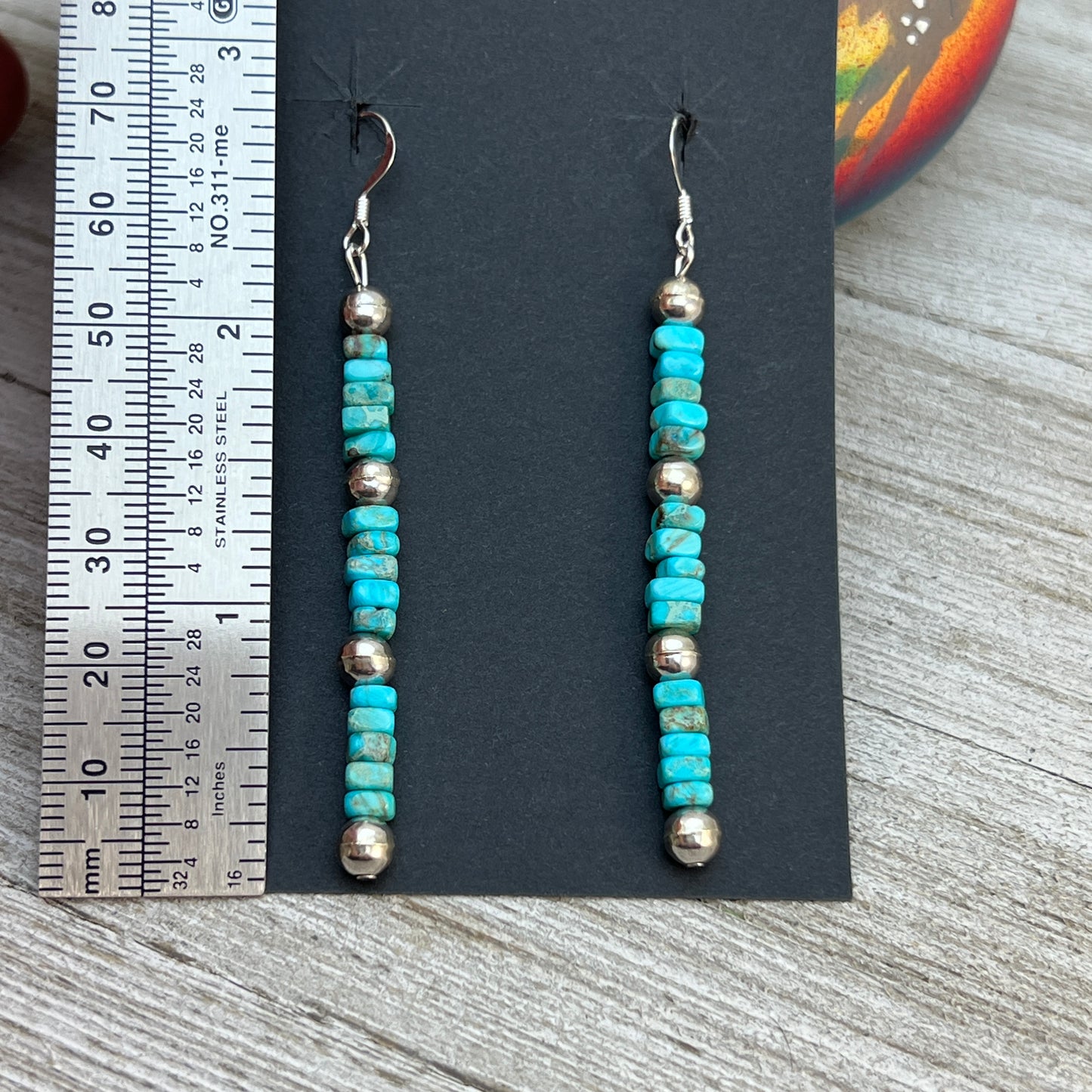 Long skinny Turquoise bead Sterling Silver Navajo Pearl Earrings, Louise Joe