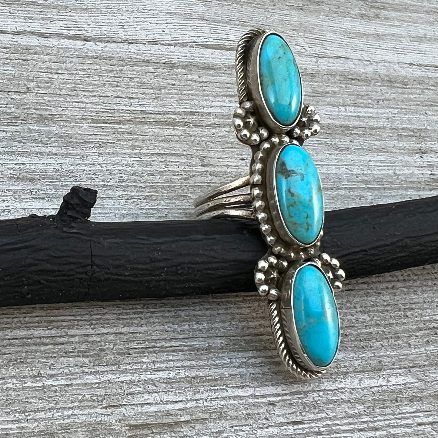 Size 7 Blue Campitos turquoise sterling silver long pointer ring Harold Becenti 490