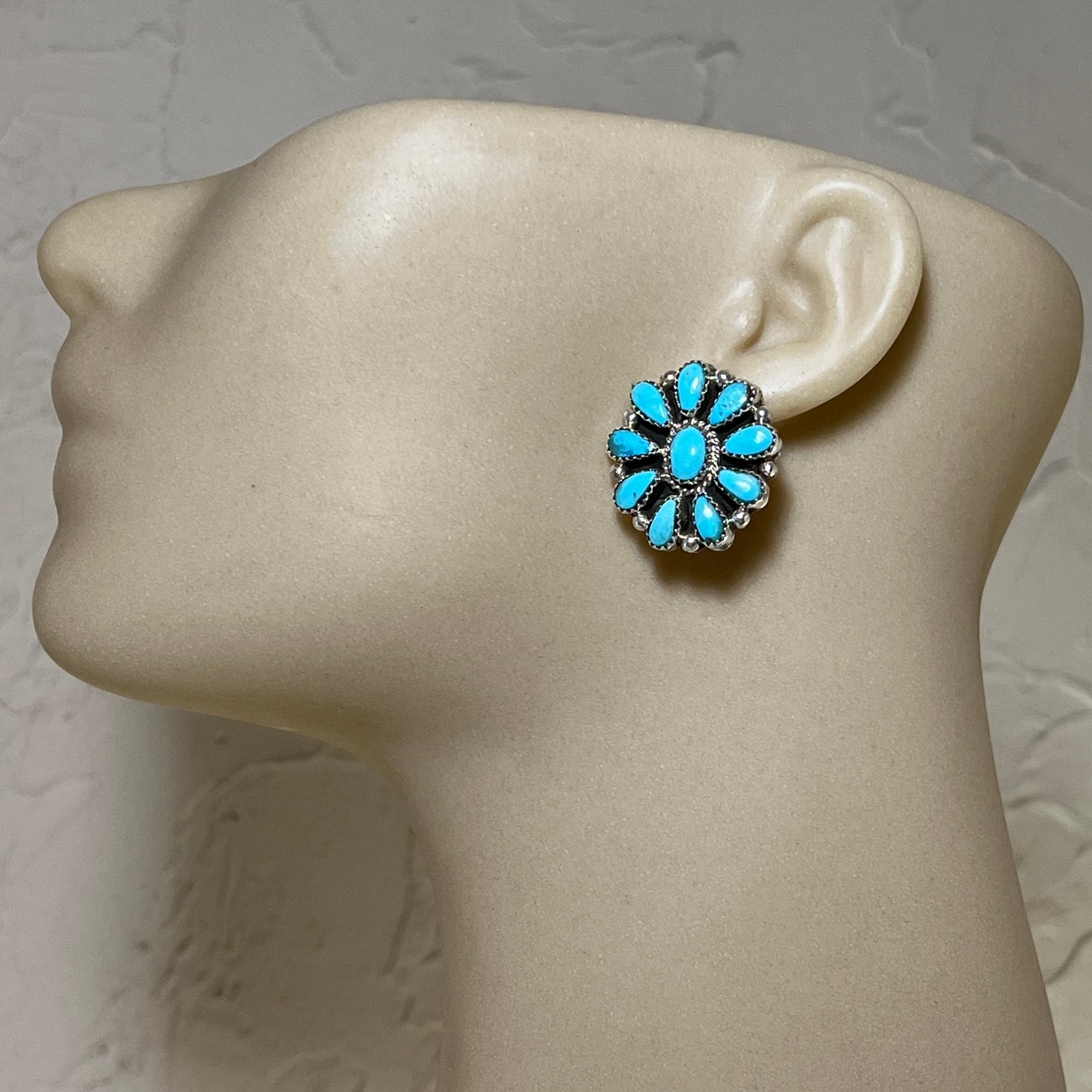 Blue Turquoise petit point cluster stud Earrings sterling silver Navajo Eunise Wilson