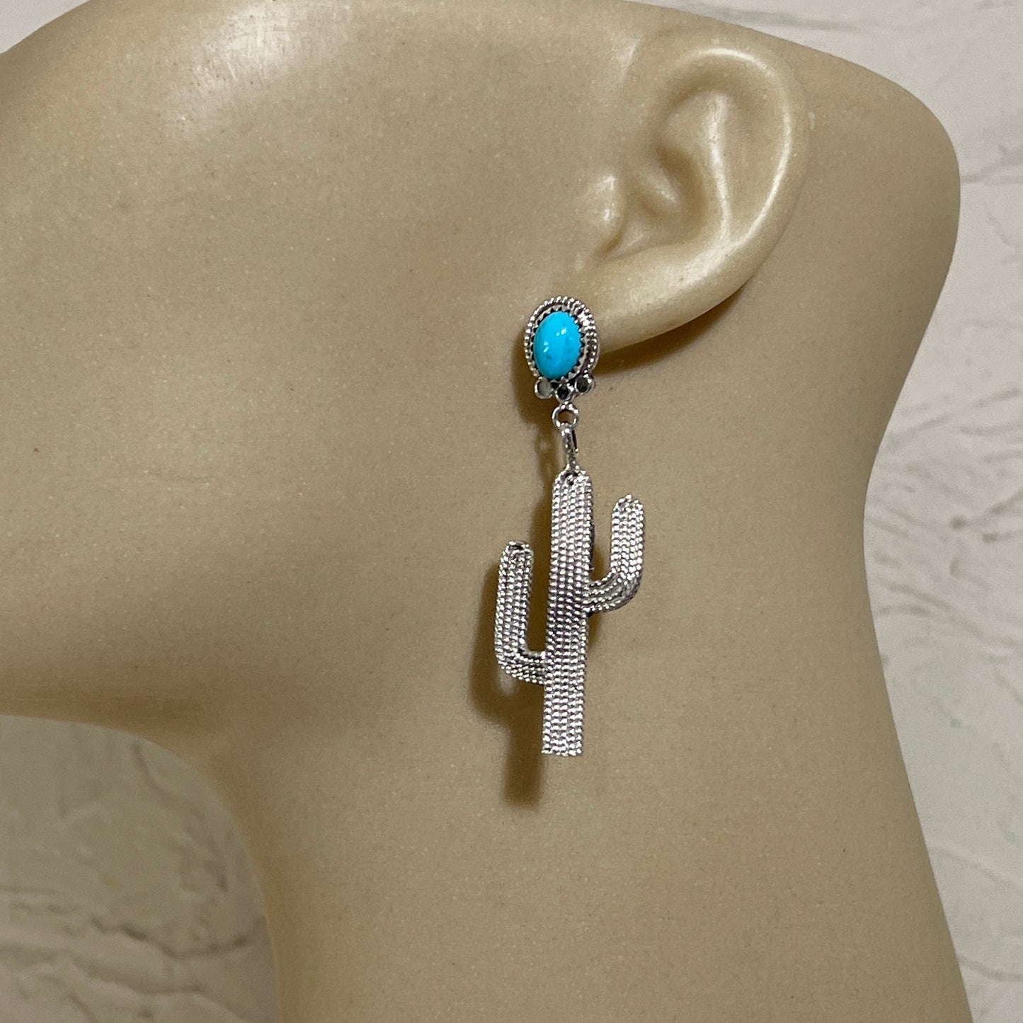 Navajo handmade turquoise Cactus dangle earrings sterling silver Annie Spencer