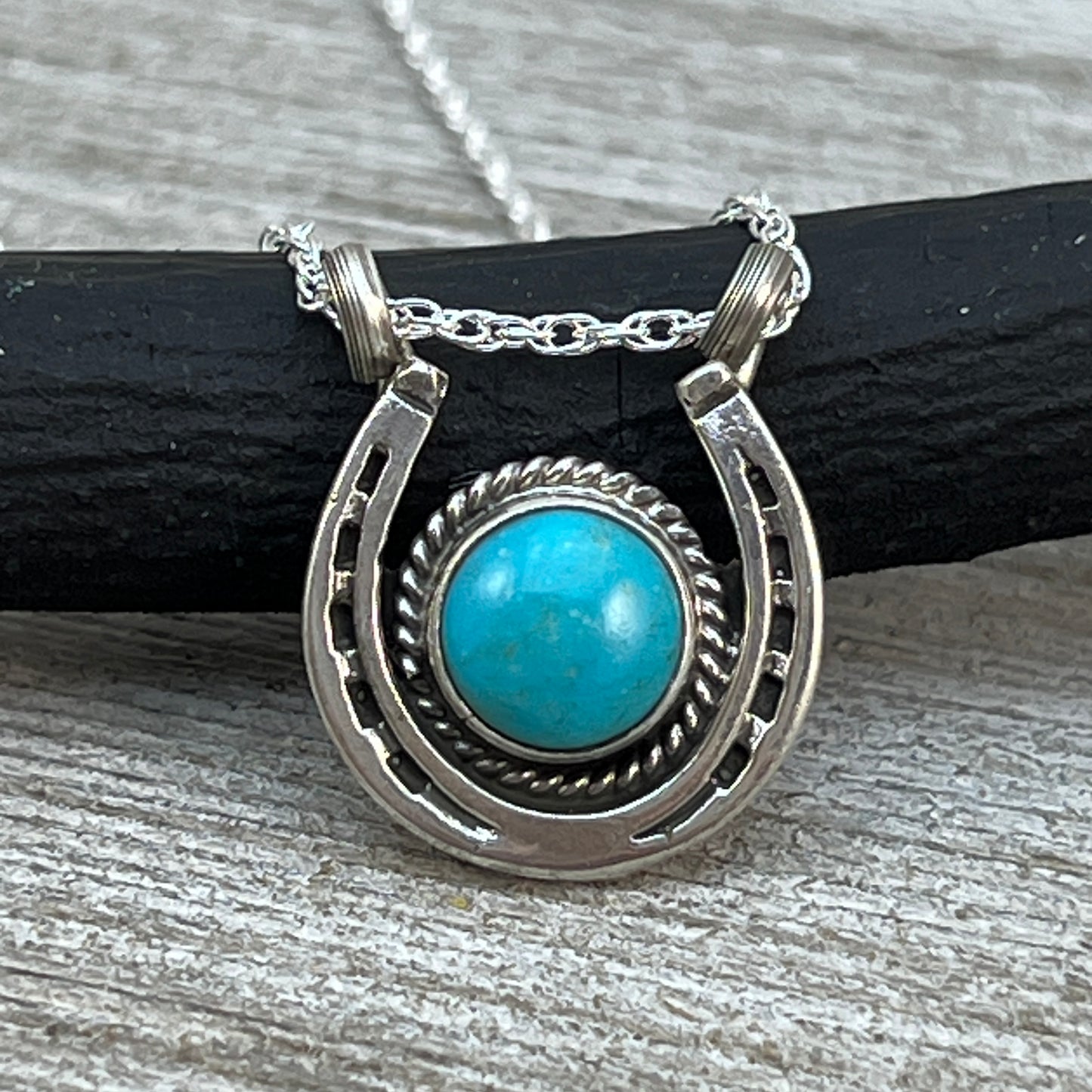 18" Sterling Silver Turquoise Horseshoe Necklace Cowgirl Rodeo Jewelry Annette Chiquito