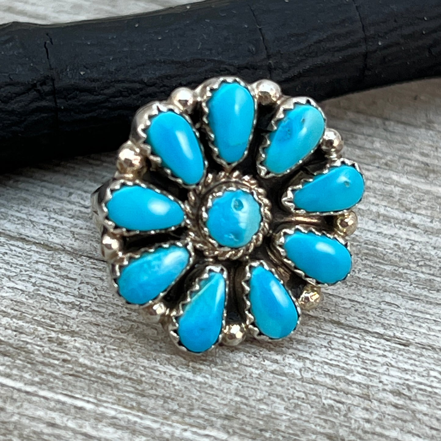 Size 7.5 Blue Turquoise Round Cluster Ring Navajo handmade Sterling Silver Alicia Wilson
