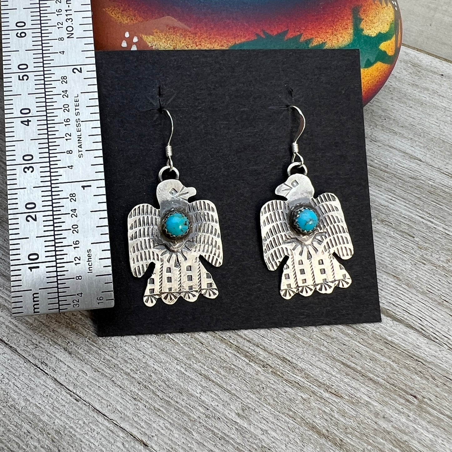 Lightweight rustic Thunderbird dangle earrings turquoise sterling silver Gabrielle Yazzie 8