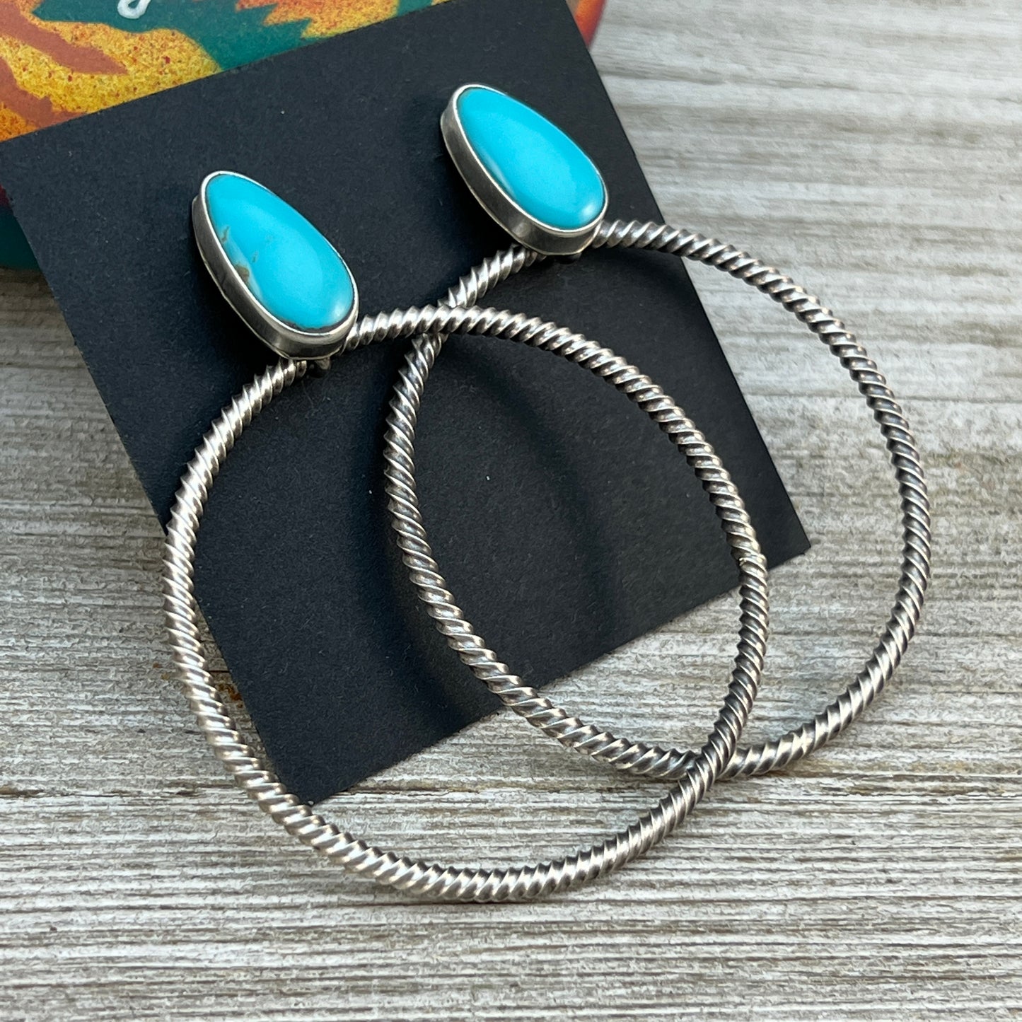 Blue Campitos turquoise hoop earrings, Navajo, Verley Betone, sterling silver post