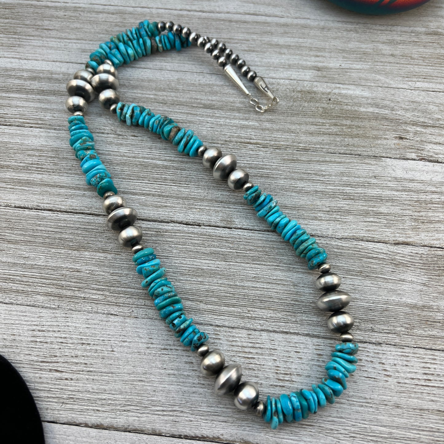 30” long blue turquoise bead nuggets necklace #4, sterling silver handmade Navajo pearls