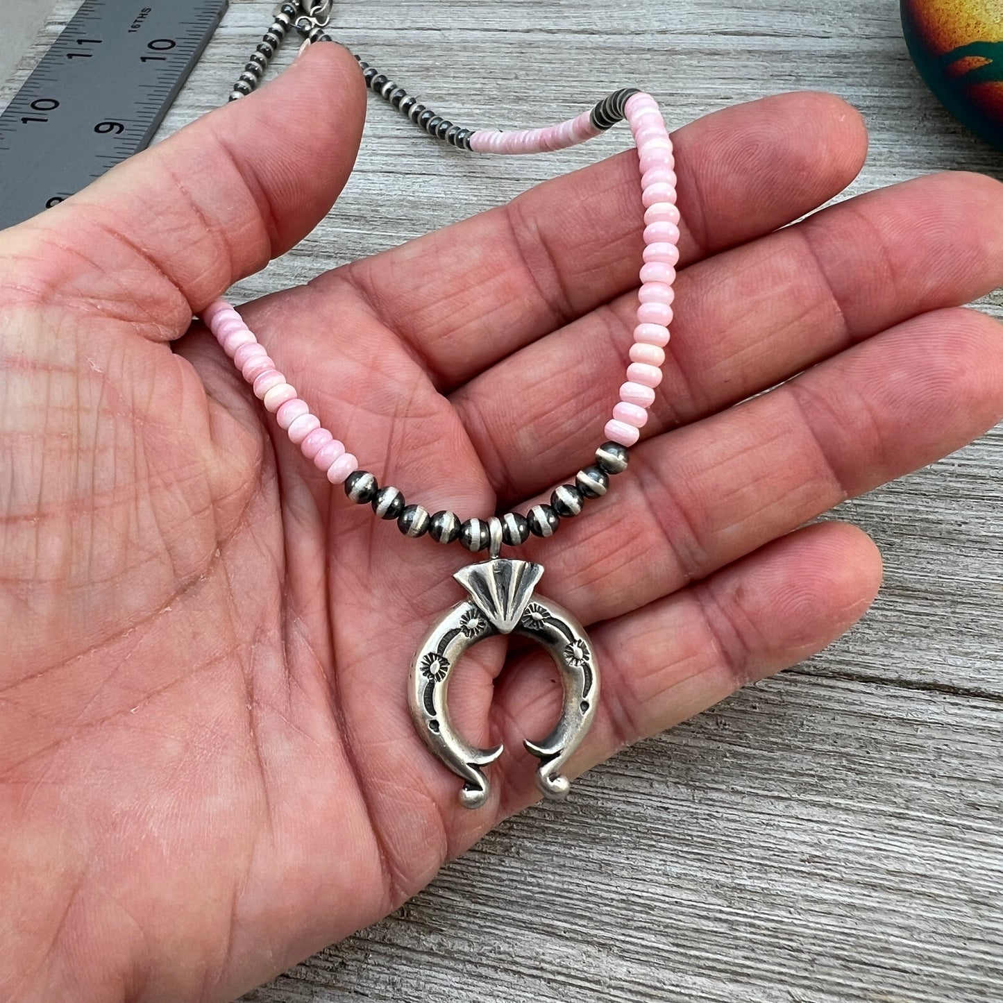 18”, 4mm Pink Conch Shell beads Naja pendant necklace sterling silver Southwest Pearls