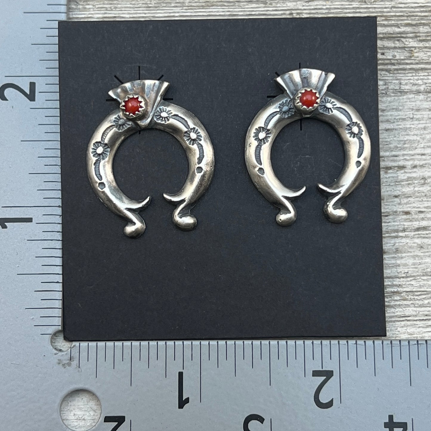 Red Mediterranean Coral Naja stud Earrings Navajo Adrienne Gordan Sterling Silver 3