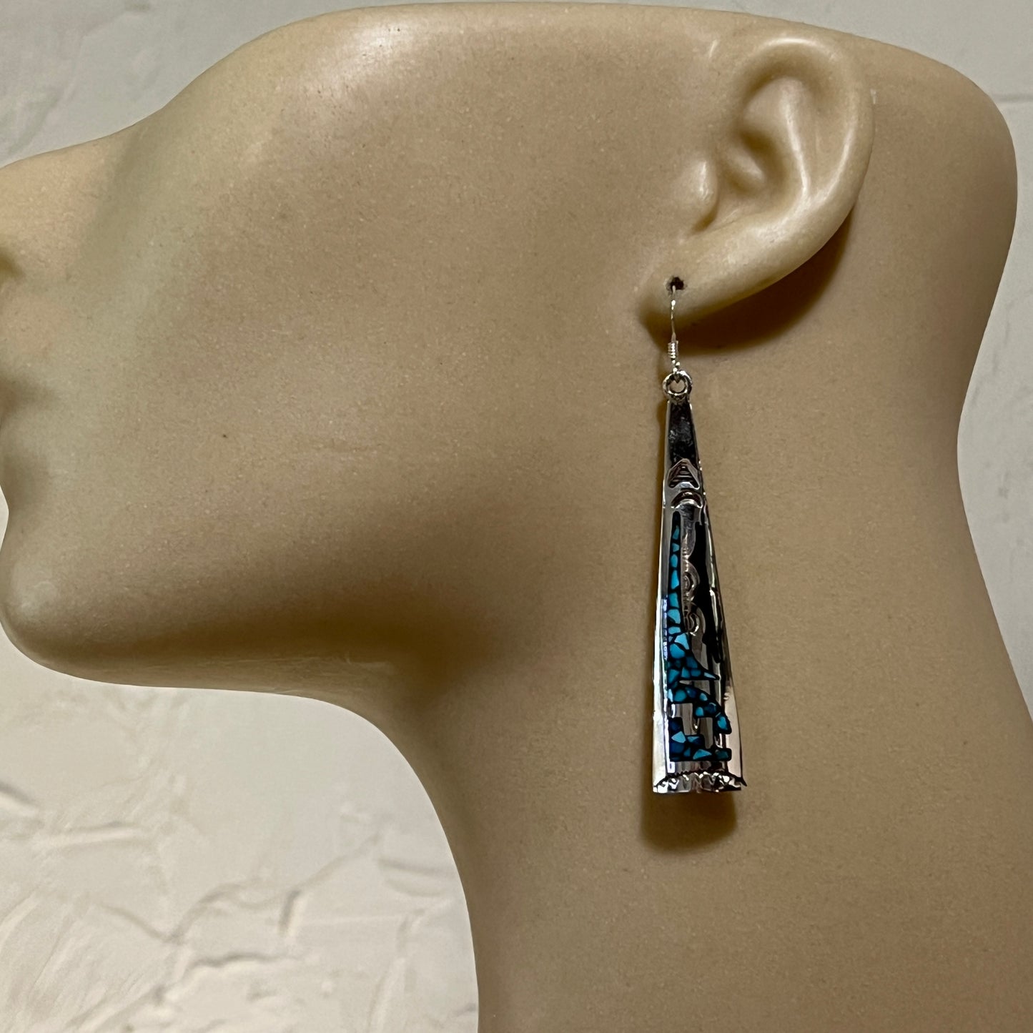 Turquoise coral chip inlay long earrings Navajo handmade signed Jolene Yazzie 1