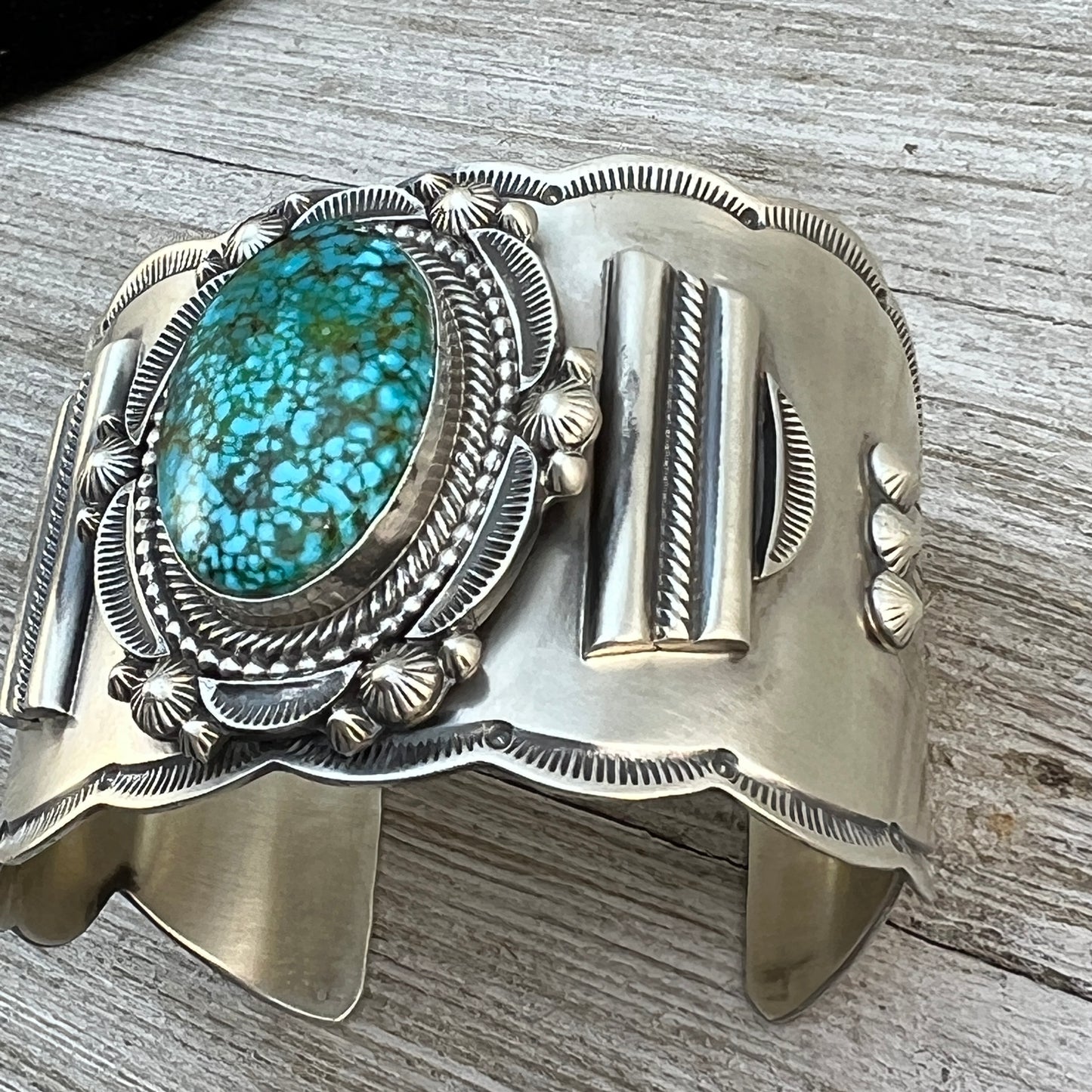 Spiderweb Kingman Turquoise Cuff Bracelet, Sterling Silver Navajo 6 1/2" Tom Lewis