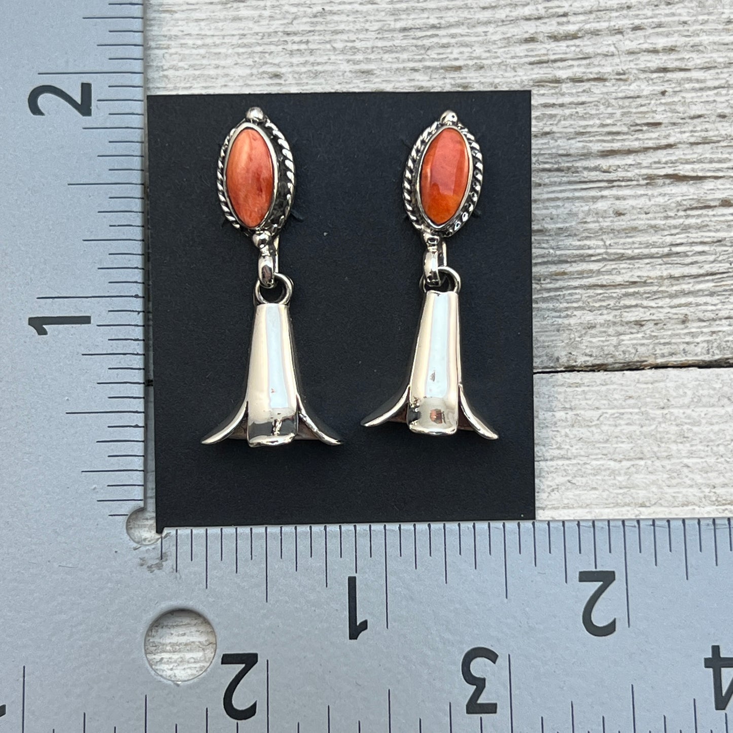 Orange Spiny Squash Blossom dangle earrings sterling silver turquoise Sheena Jack 408