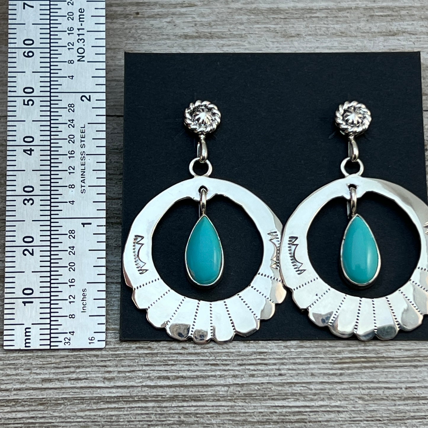 Modern hoop dangle Turquoise earrings sterling silver Navajo handmade Sheena Jack
