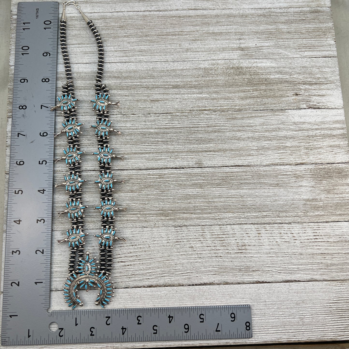 21 1/2" Needlepoint Turquoise Small Squash Blossom Necklace Zuni Renita Luna