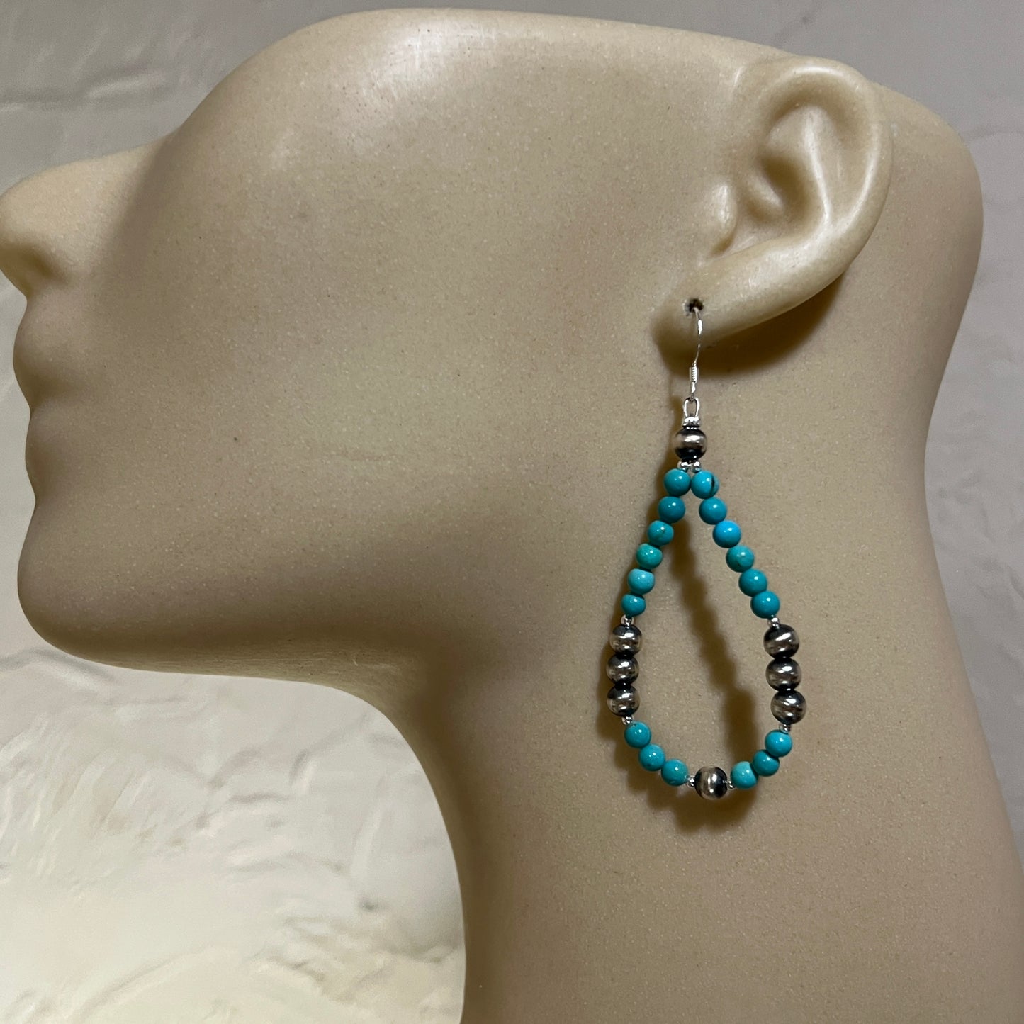Real Turquoise hoop Earrings with Southwest Pearl sterling silver beads