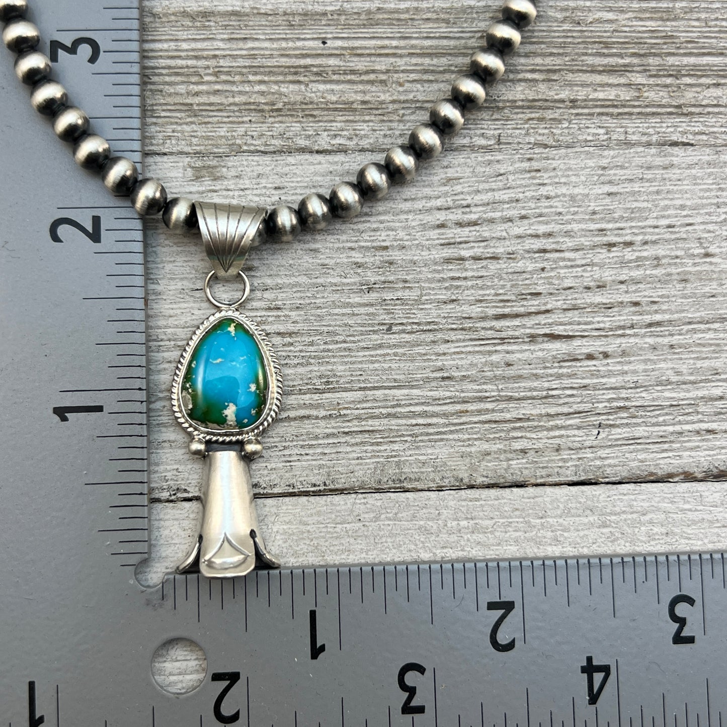 16" sterling silver Sonoran Gold Turquoise squash blossom necklace 5mm beads