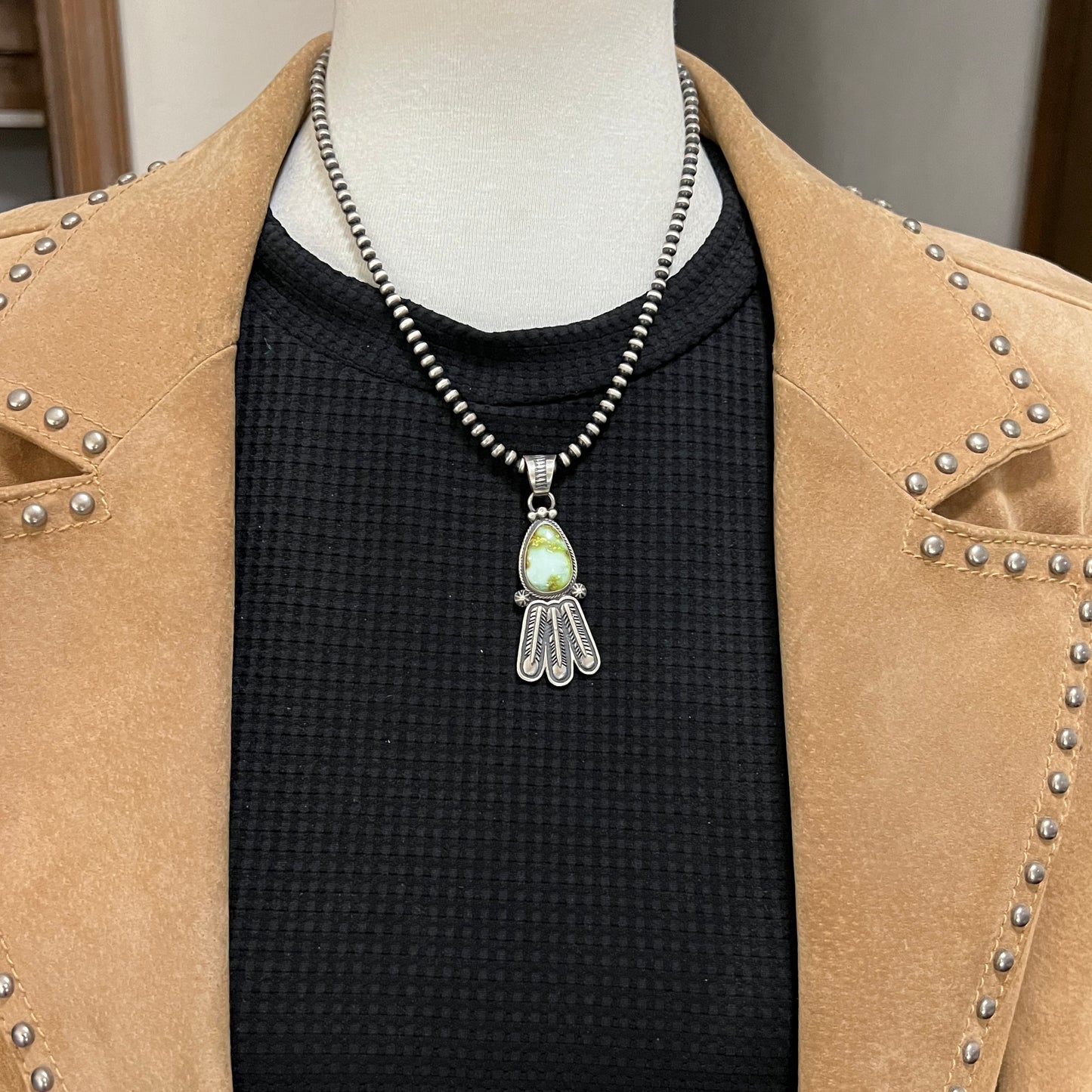 Palomino Varasite Feather Pendant Navajo Marita Benally sterling silver