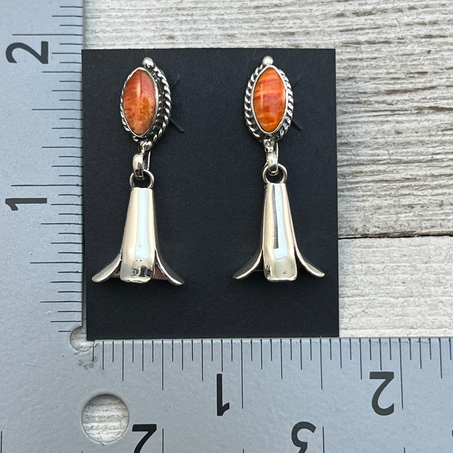 Orange Spiny Squash Blossom dangle earrings sterling silver turquoise Sheena Jack 407