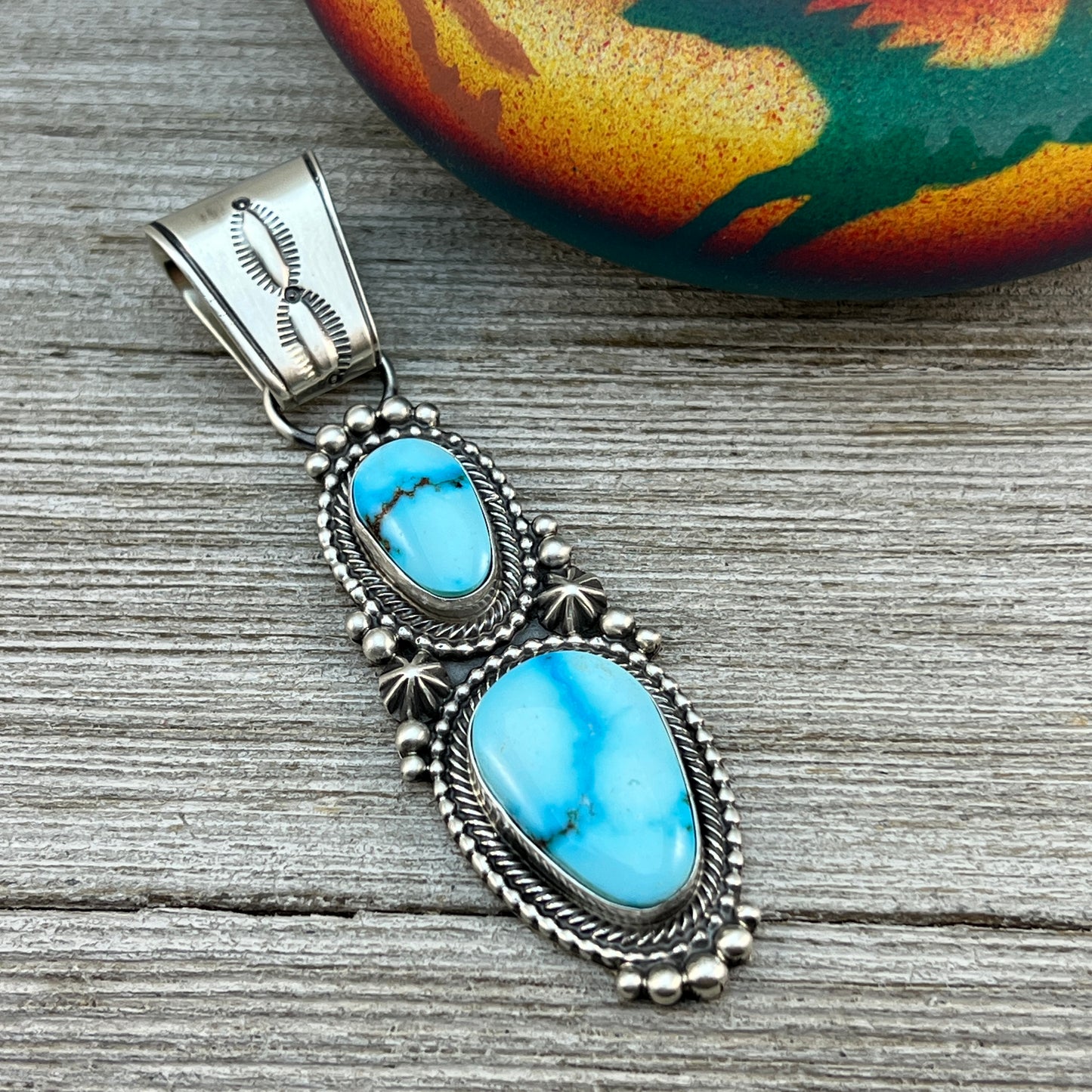 Beautiful Blue Kingman Turquoise Pendant Navajo Sterling Silver Tom Lewis
