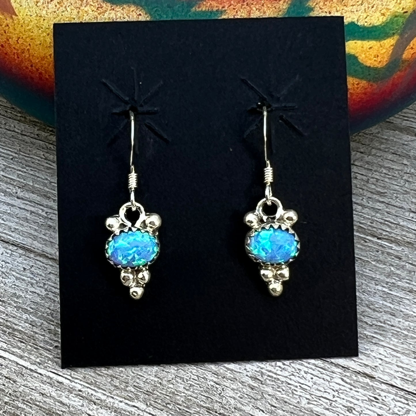 Dainty blue Opal Dangle earrings, small handmade Sterling Silver