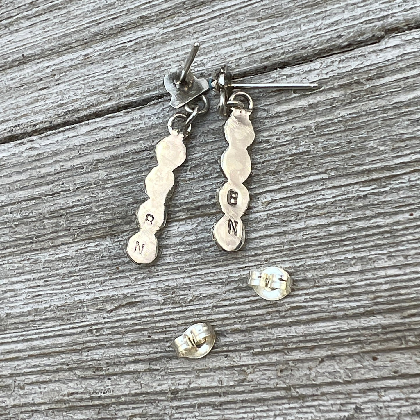 Zuni Turquoise Snake Eye Tiny Dot bar dangle earrings sterling silver Bernadette Nakatewa
