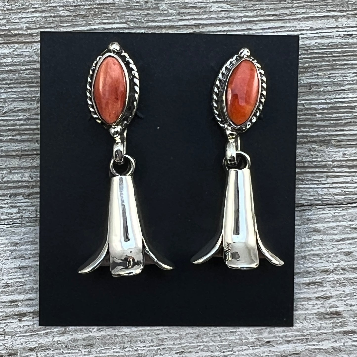 Orange Spiny Squash Blossom dangle earrings sterling silver turquoise Sheena Jack 408