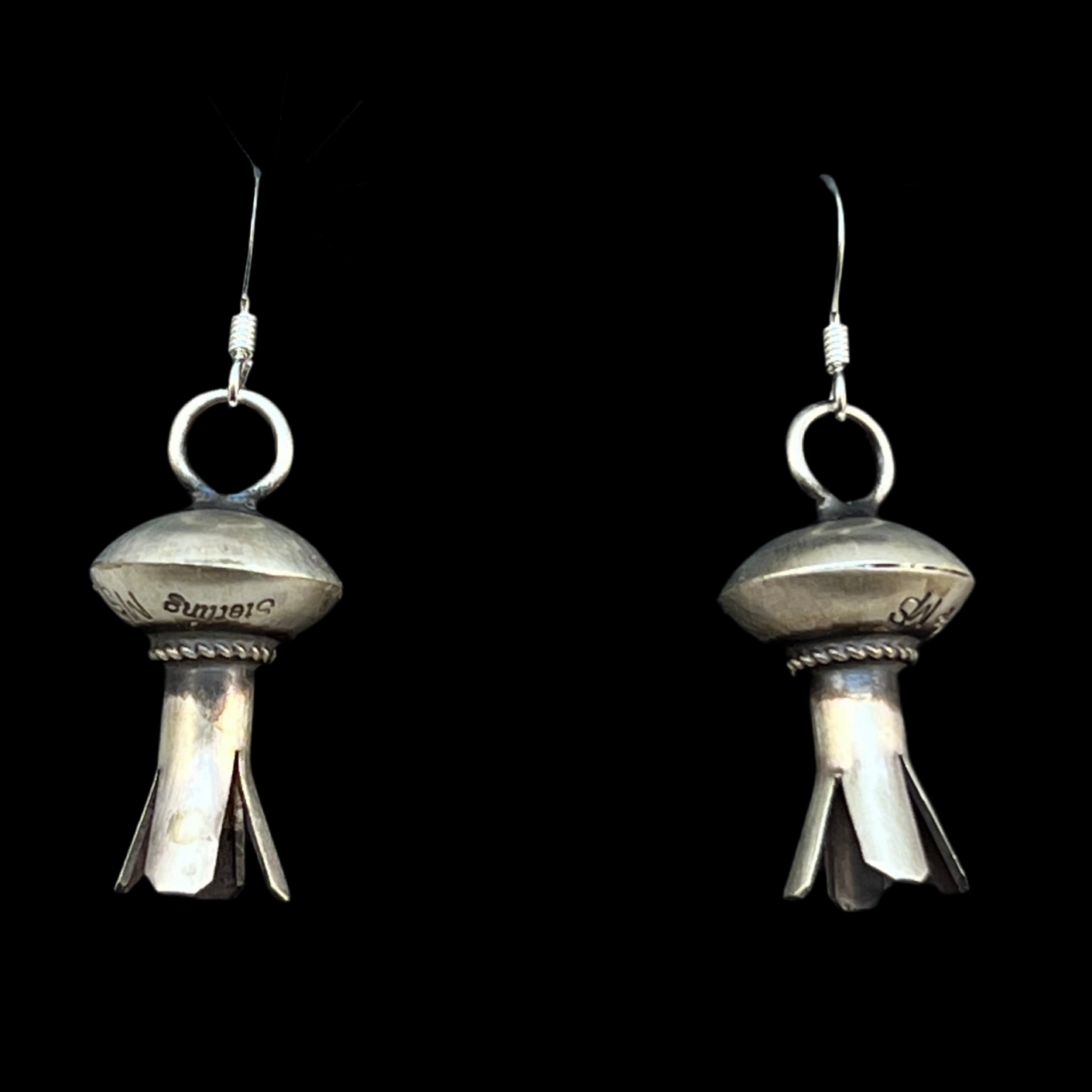 Small lightweight all silver squash blossom dangle earrings Sterling silver Monica Smith