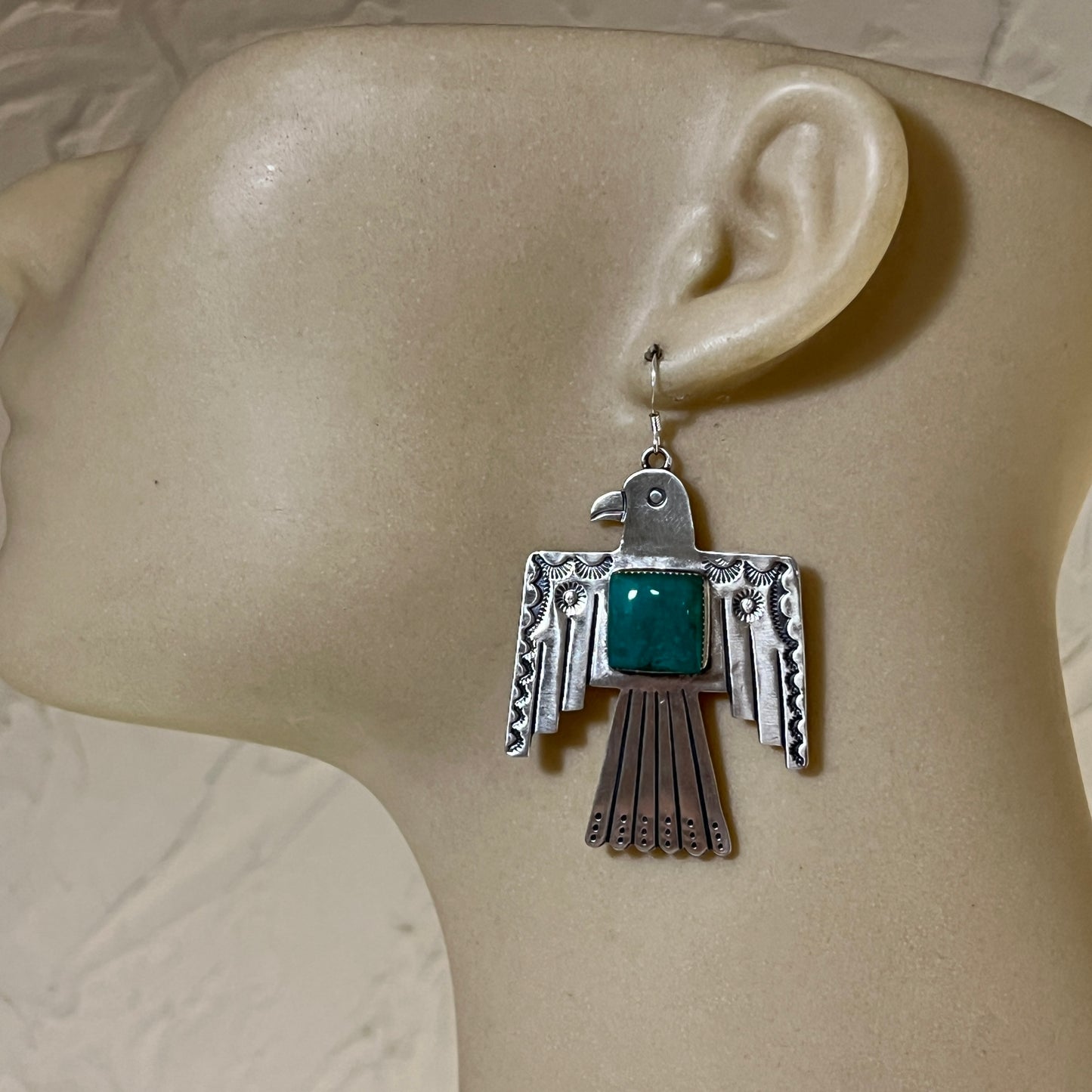 Navajo large Thunderbird dangle earrings sterling silver turquoise Jeremy Delgarito 401