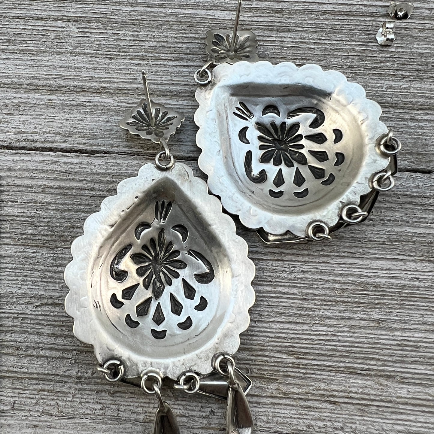 Lightweight Stamped concho dangle earrings, sterling silver turquoise Navajo Terry Charlie