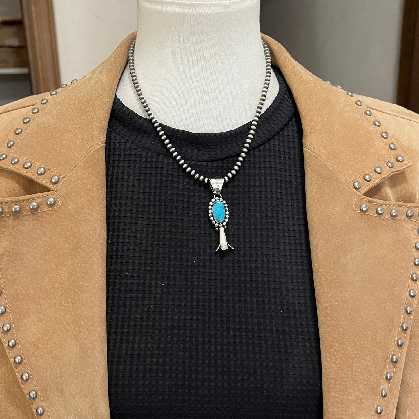 Kingman Turquoise Squash Blossom Pendant Navajo Marie Jones sterling silver