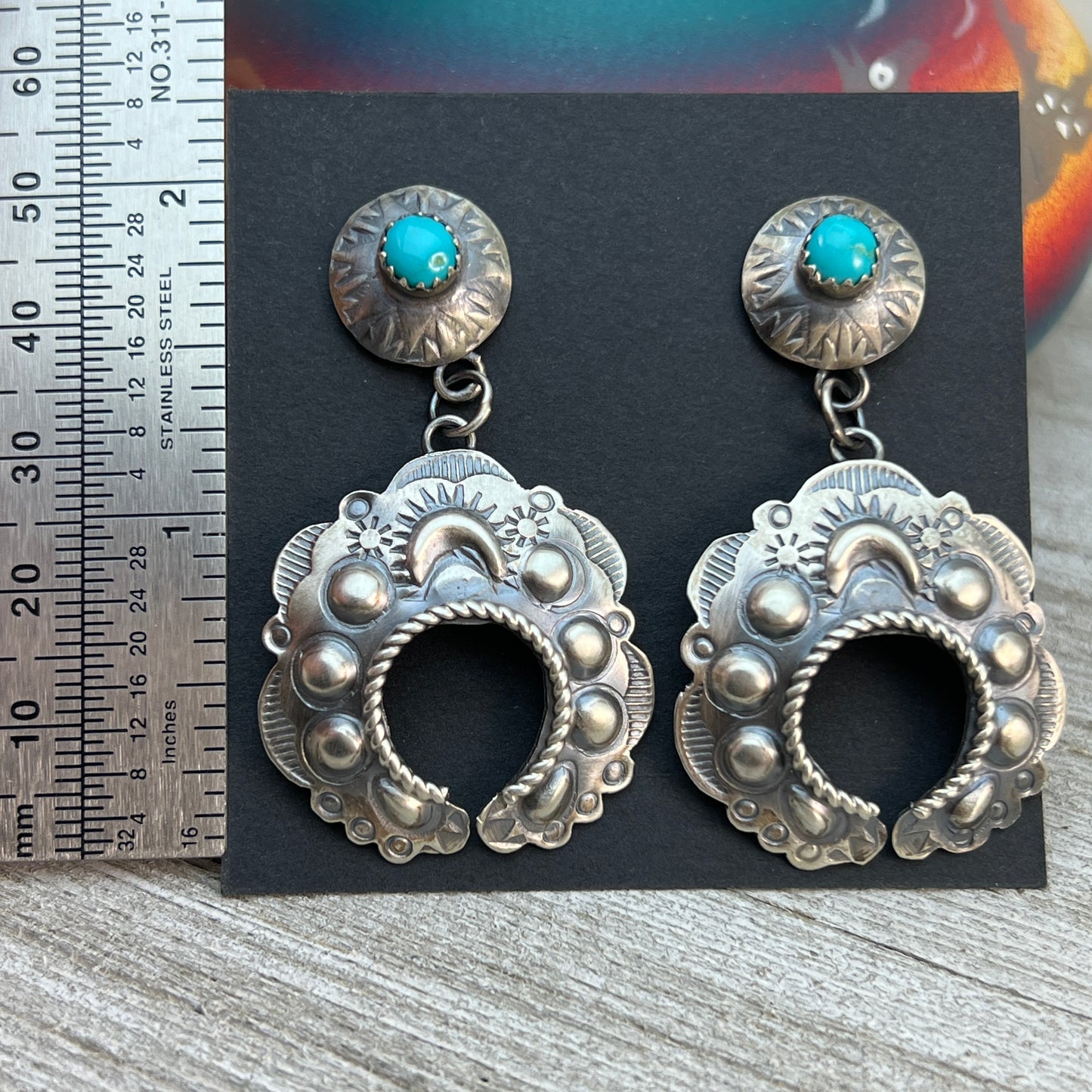 Sterling silver Turquoise Hand stamped naja concho earrings, Navajo Gabrielle Yazzie 1