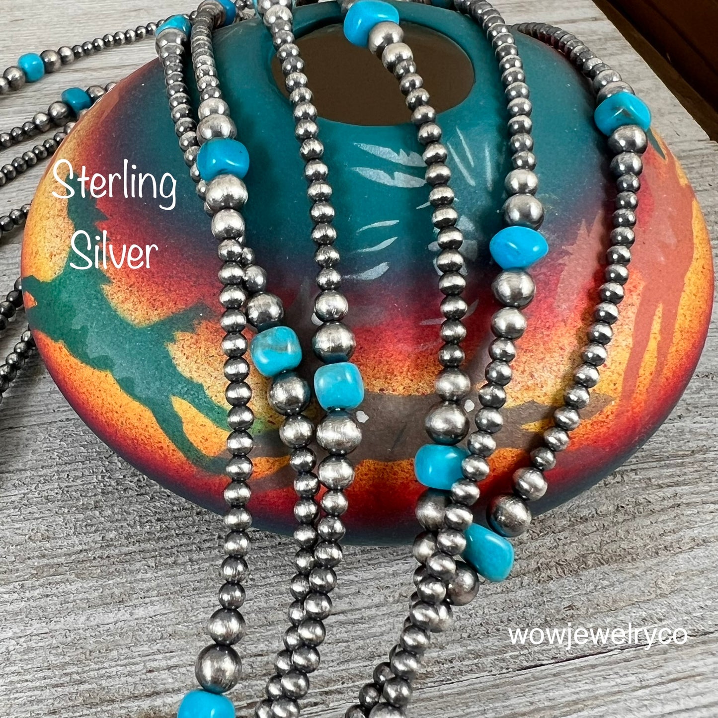 Turquoise with 3mm - 5mm graduated Sterling Silver Pearls Bead Necklace, Oxidized Silver, Western Jewelry Southwest Pearls