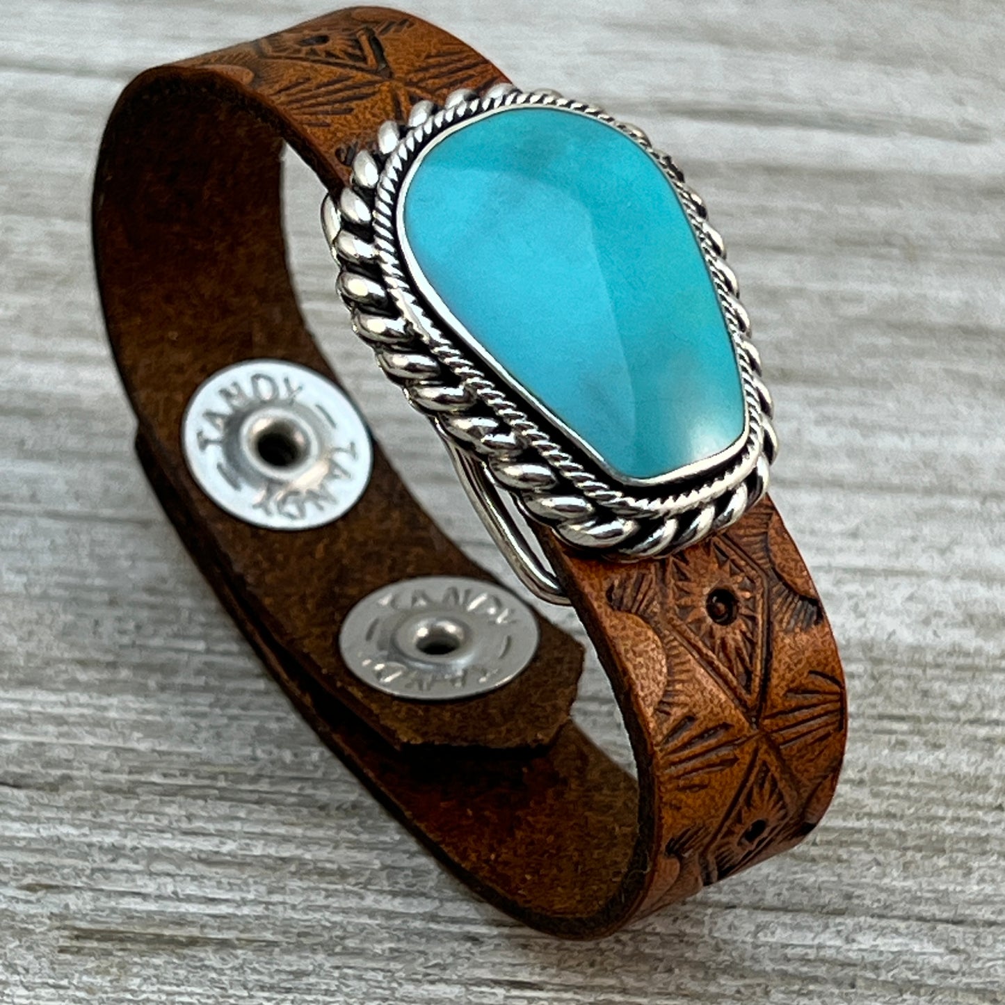Real Turquoise leather Sterling silver bracelet adjustable Navajo Mike Smith Size 6.25, 7