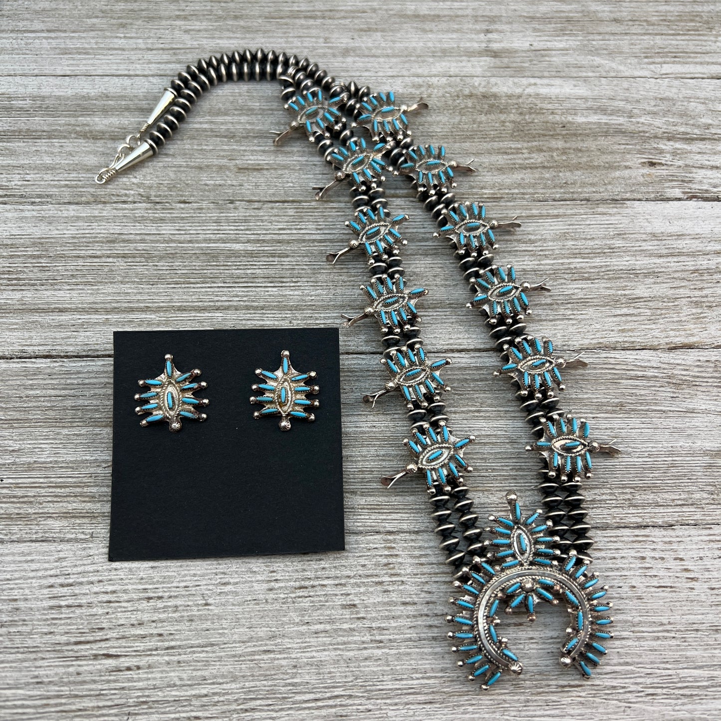 21 1/2" Needlepoint Turquoise Small Squash Blossom Necklace Zuni Renita Luna