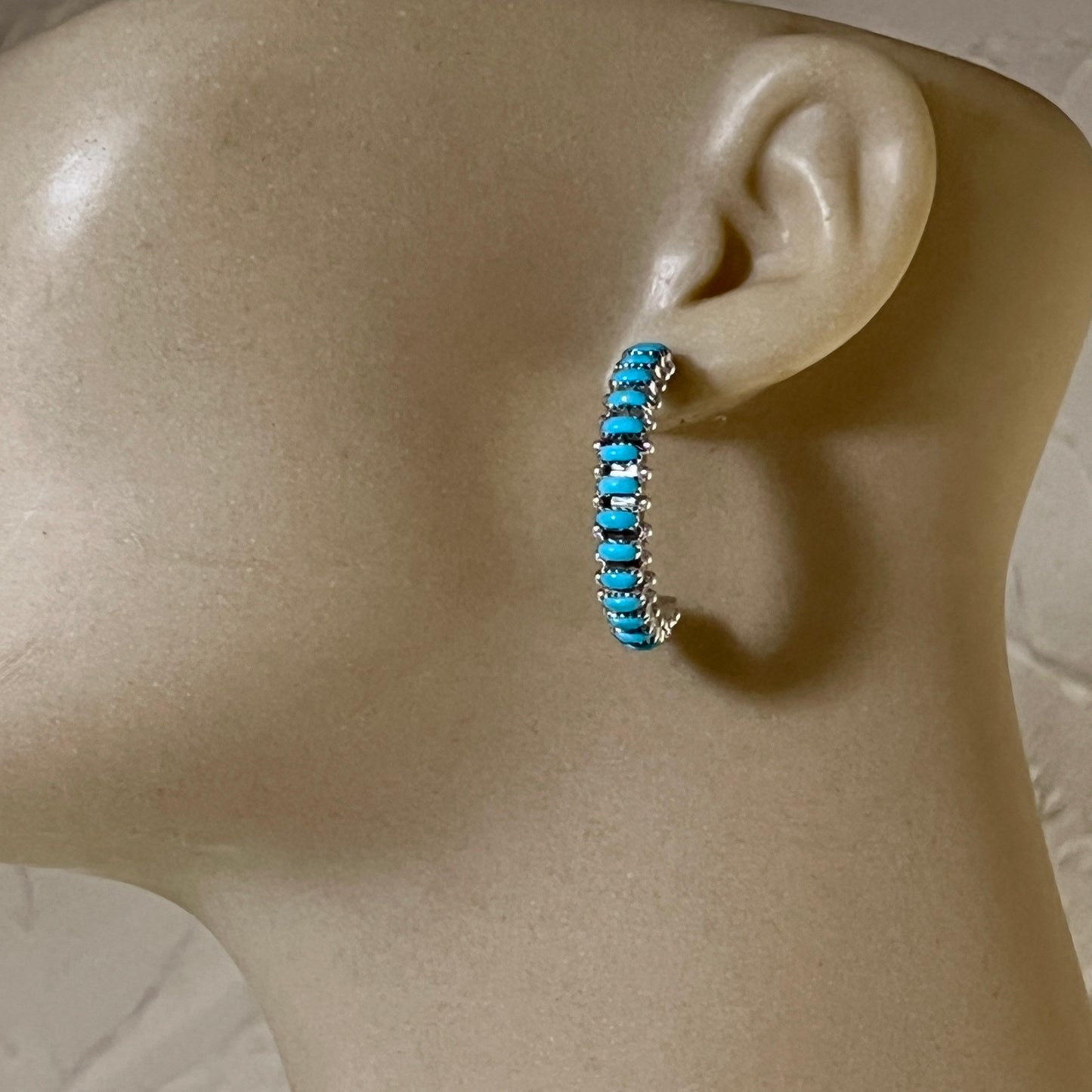 Turquoise 1 1/4" narrow turquoise zuni hoop earrings sterling silver Bernard Cachini