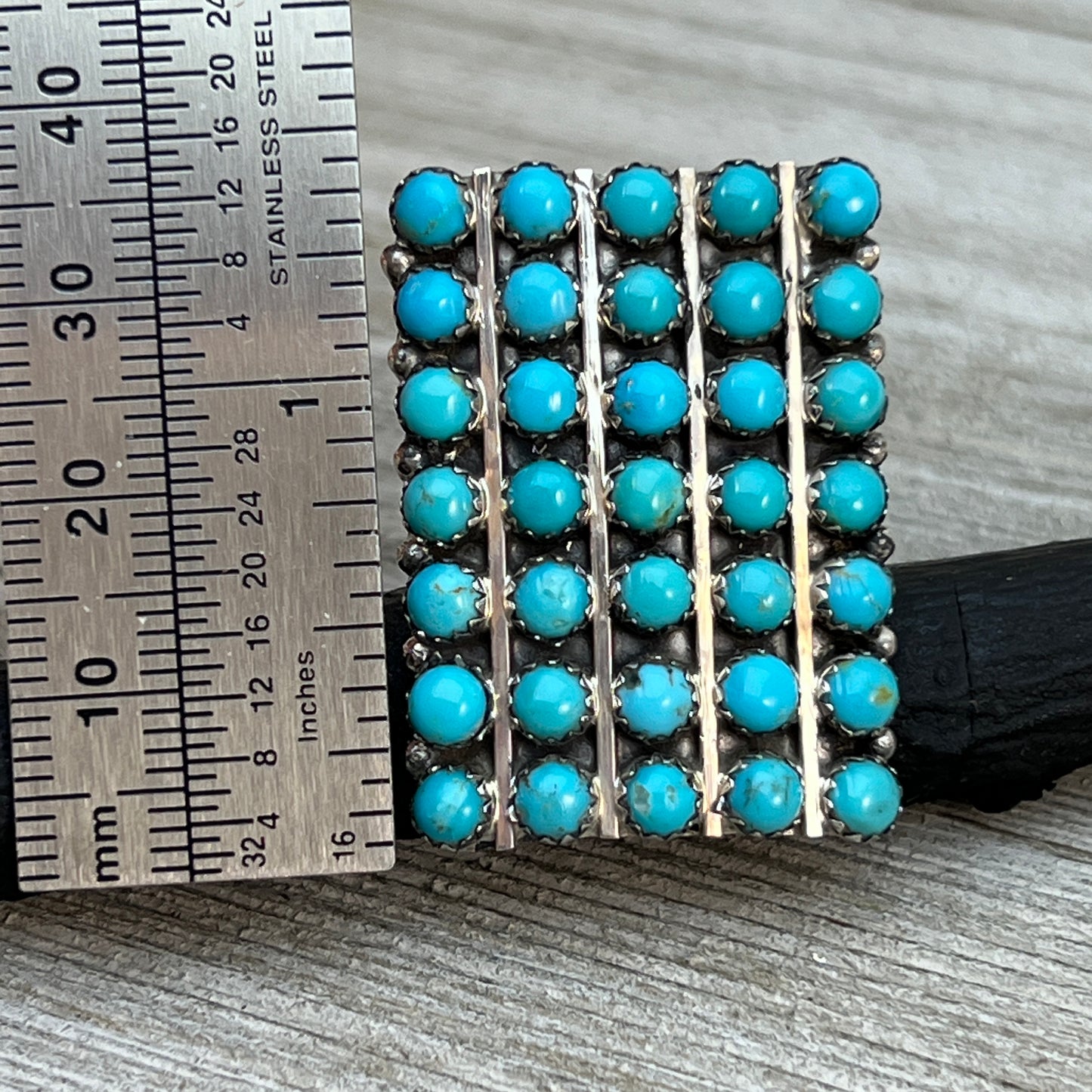 Size 7.75 Turquoise Zuni Snake Eye Dot Row Ring Kenny Lonjose Sterling Silver signed