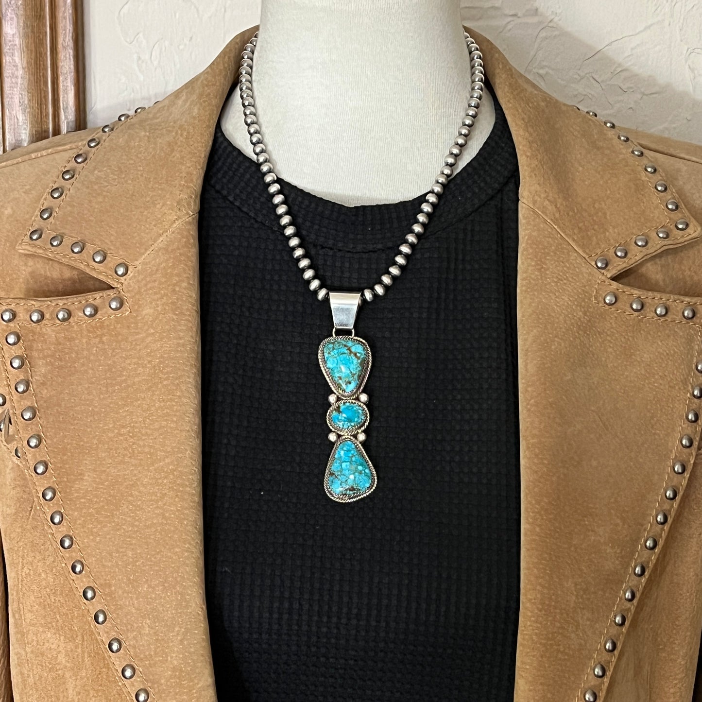 Kingman turquoise long pendant sterling silver Eunise Wilson Navajo 811