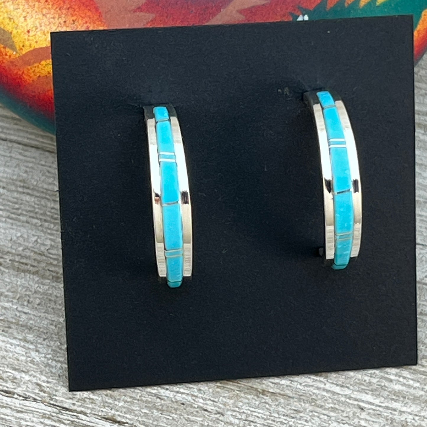 1 1/8" Turquoise inlay Hoop Earrings Navajo handmade by Wilbert Muskett signed, sterling silver