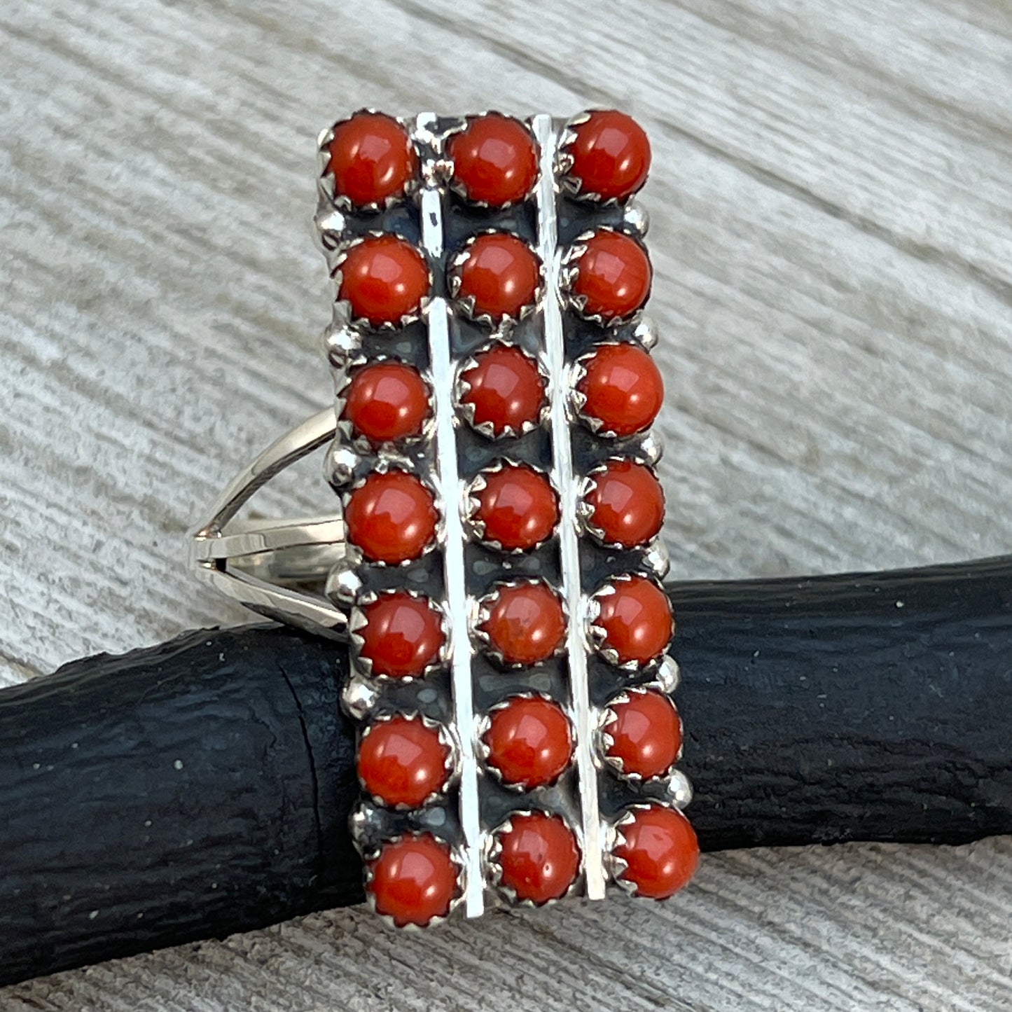 Size 10 Long Mediterranean Coral Zuni Snake Eye Dot Row Ring Kenny Lonjose Sterling Silver