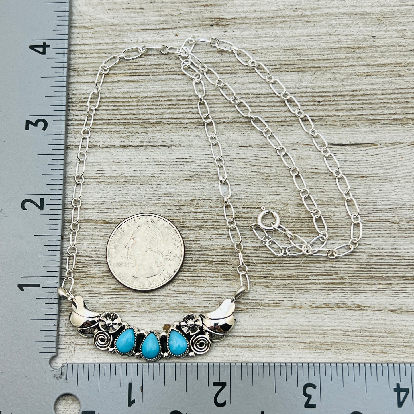 19" adjustable Blue Campitos 3 stone floral bar necklace Sterling Silver NK27
