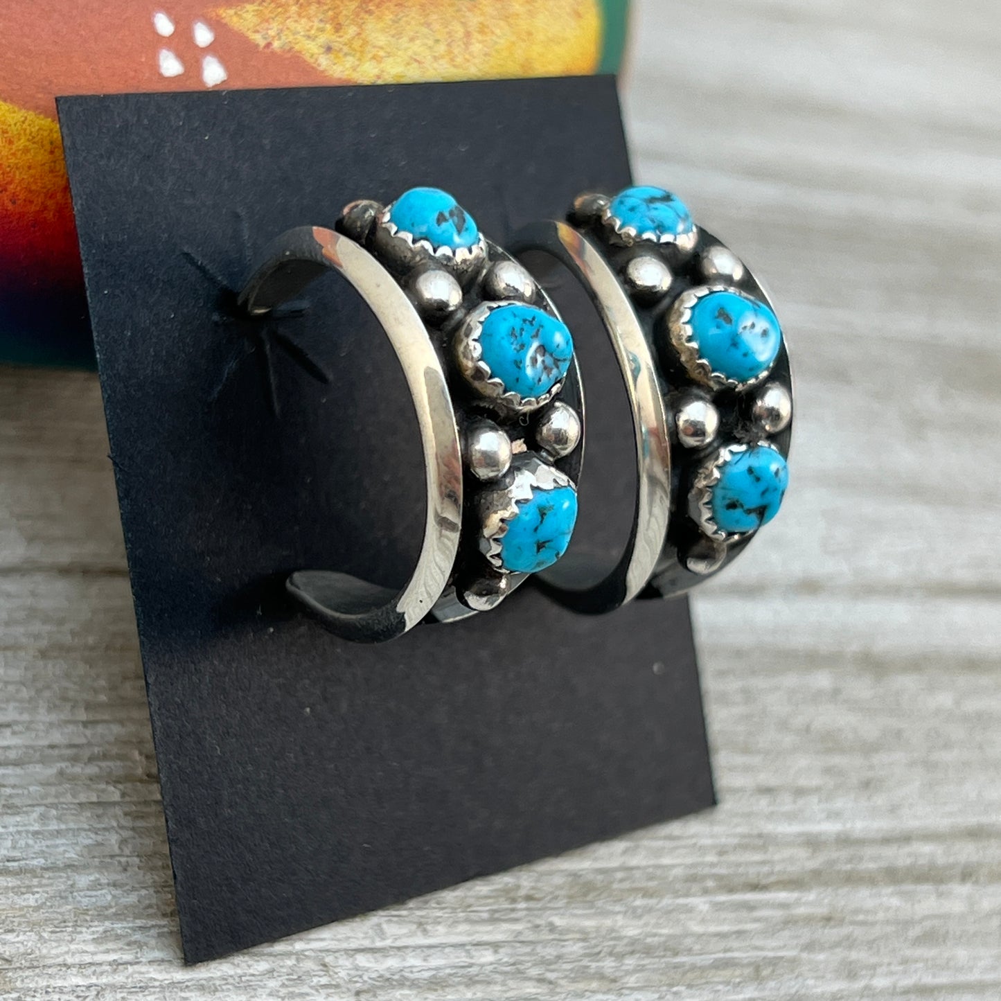 7/8" Turquoise Hoop Earrings Navajo handmade by Paul Largo sterling silver 2