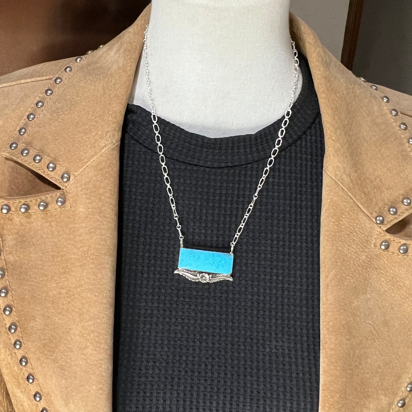 19 1/2" Blue Kingman Turquoise Fat Bar Necklace Navajo Gregg Yazzie sterling silver #2