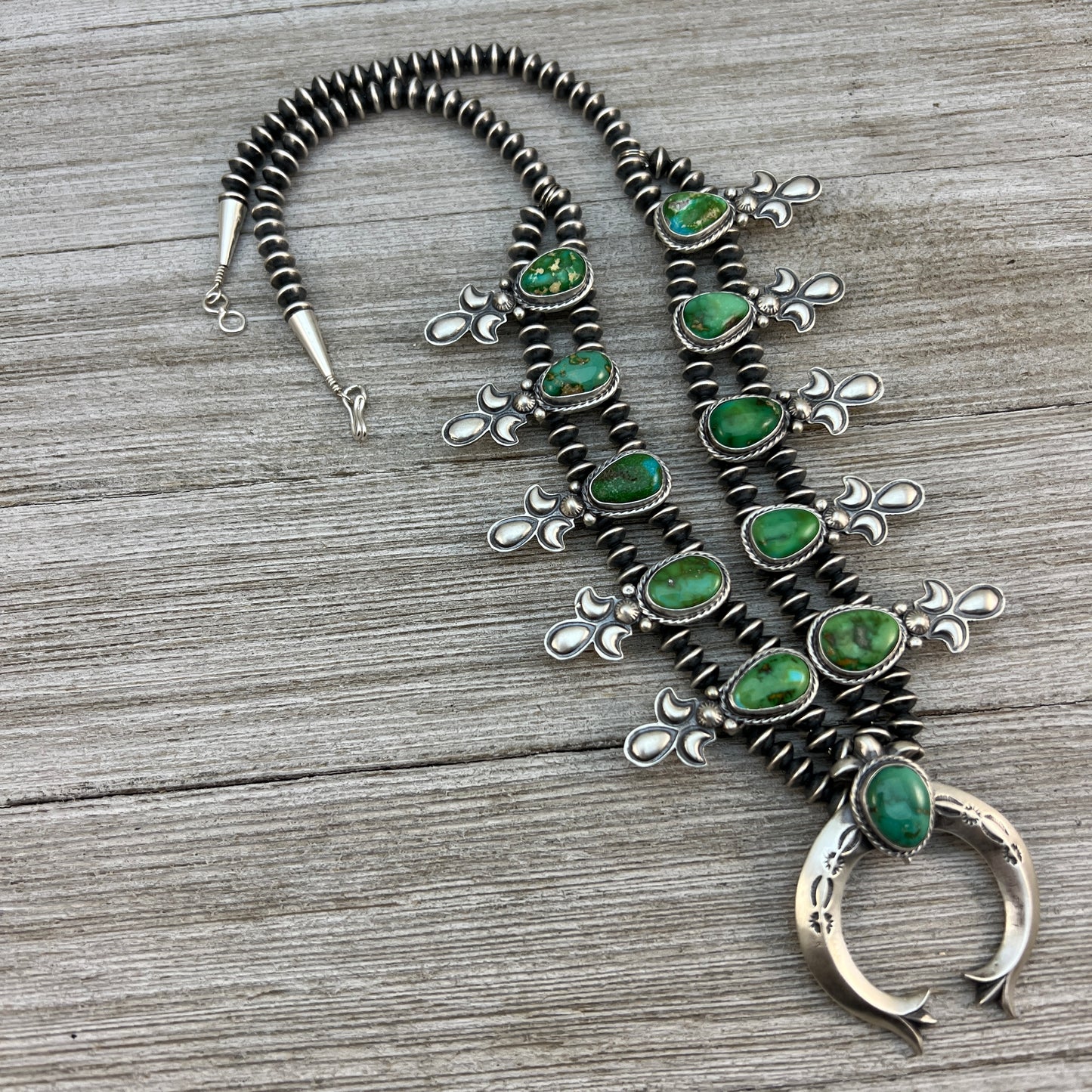 Sonoran Gold Green Turquoise Small Squash Blossom Necklace, Adrienne Gordon Navajo 1