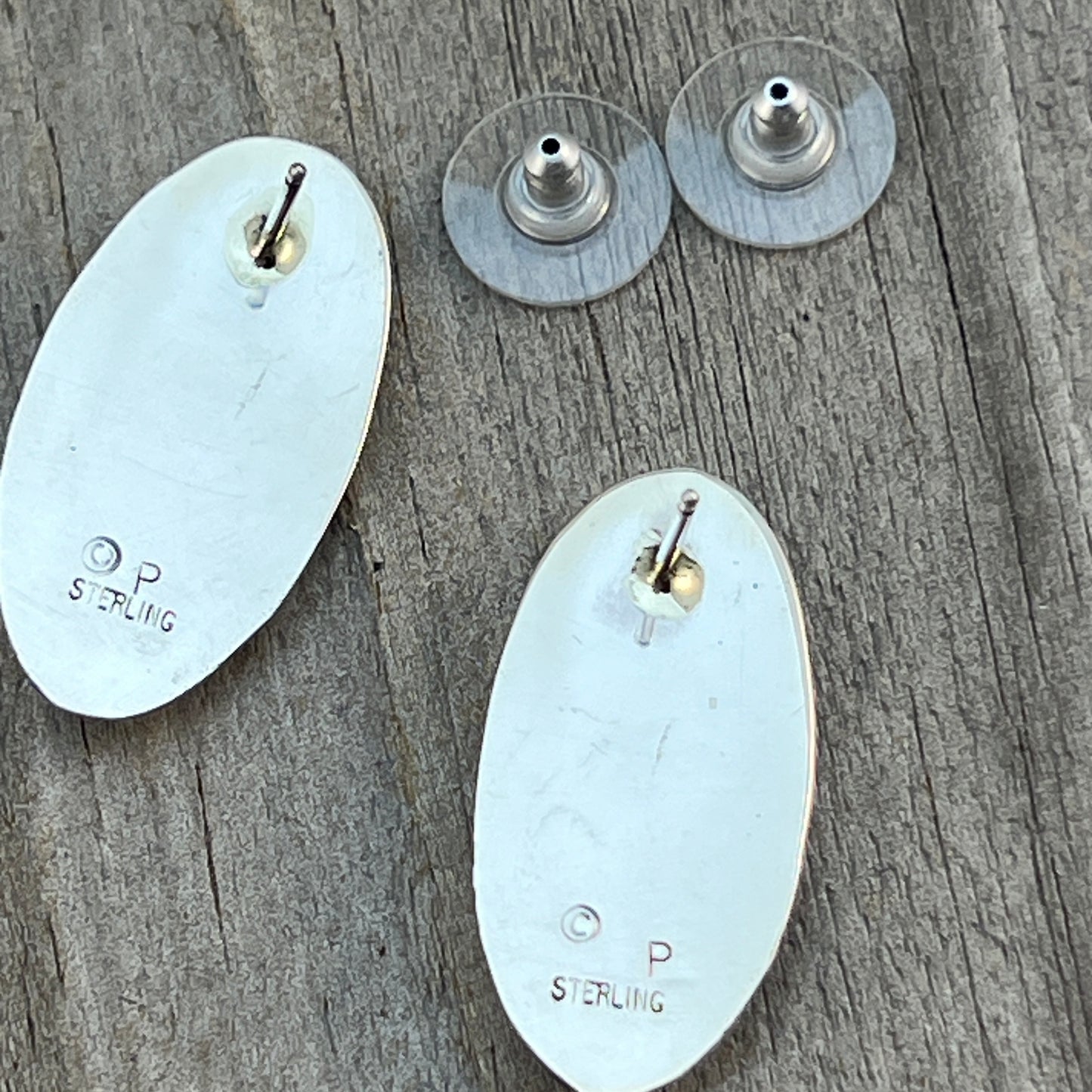 oval concho shadowbox post stud earrings, sterling silver turquoise Felix Perry 835