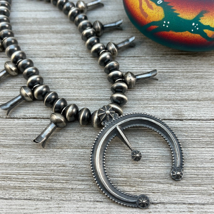 22" Squash Blossom Necklace handmade Navajo pearls Beads, Presley Haley sterling silver