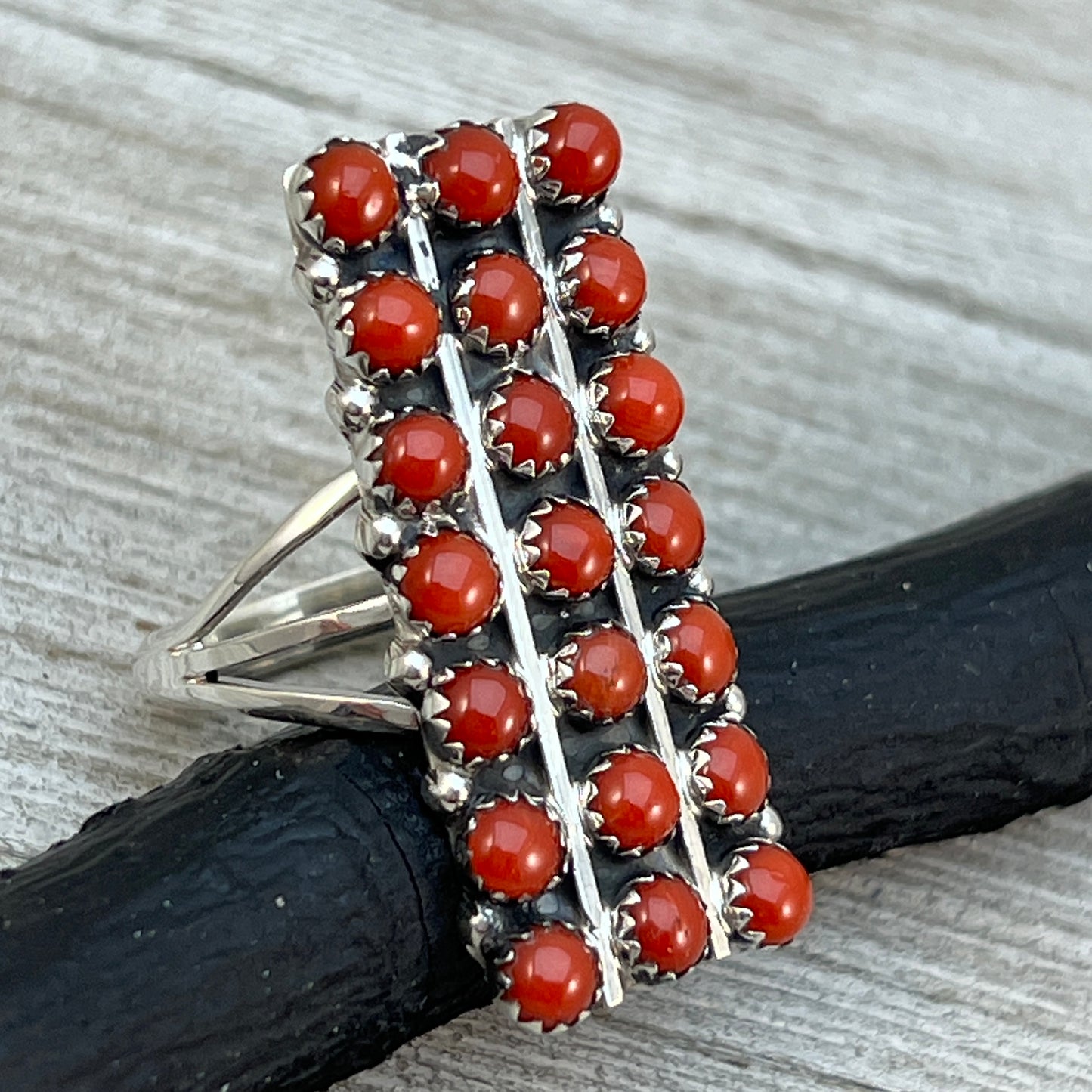 Size 10 Long Mediterranean Coral Zuni Snake Eye Dot Row Ring Kenny Lonjose Sterling Silver