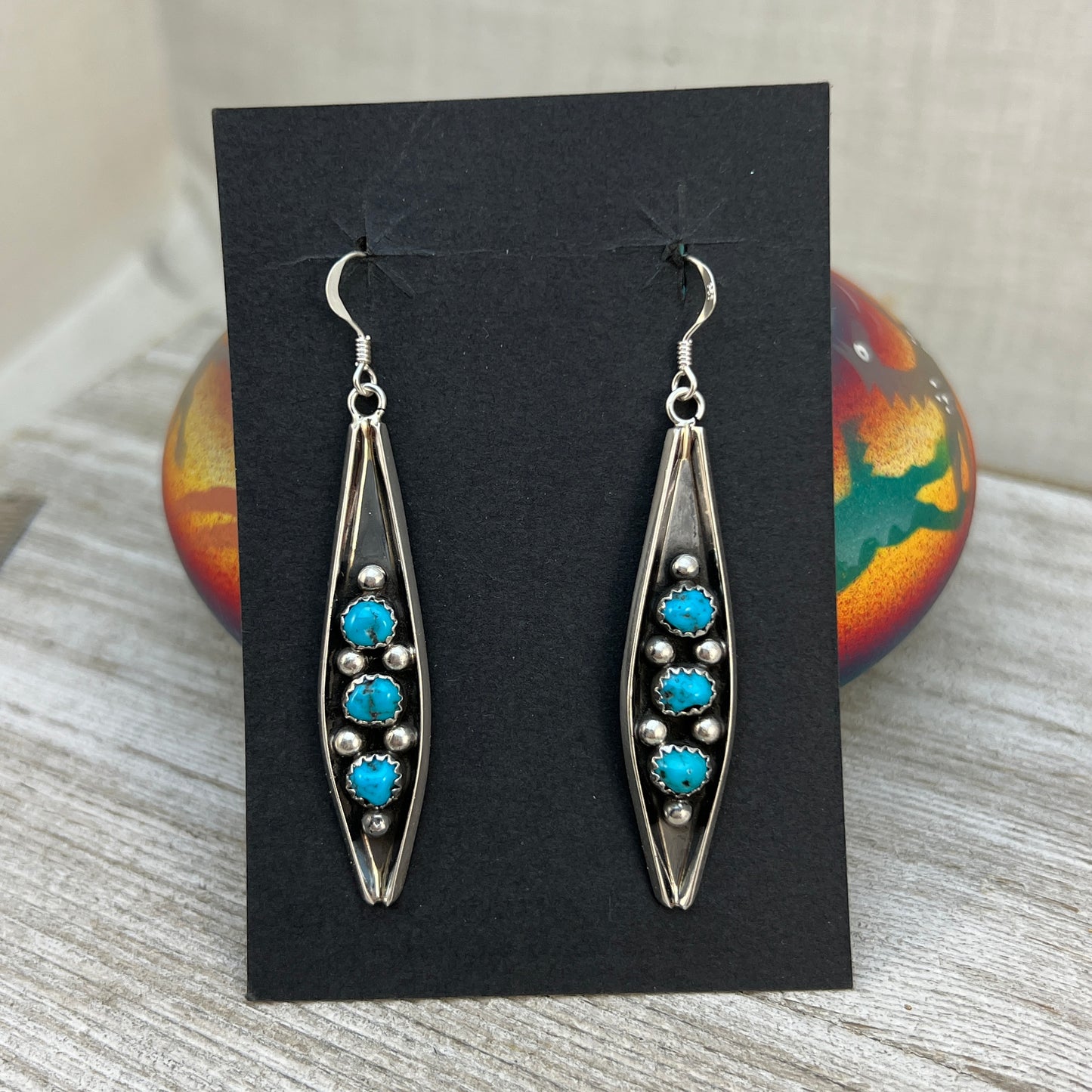 7/8" Blue Turquoise Earrings Navajo handmade by Paul Largo sterling silver 3