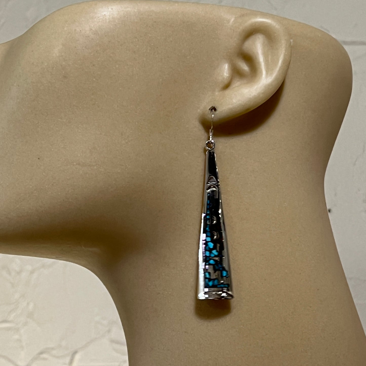 Turquoise coral chip inlay long earrings Navajo handmade signed Jolene Yazzie 3