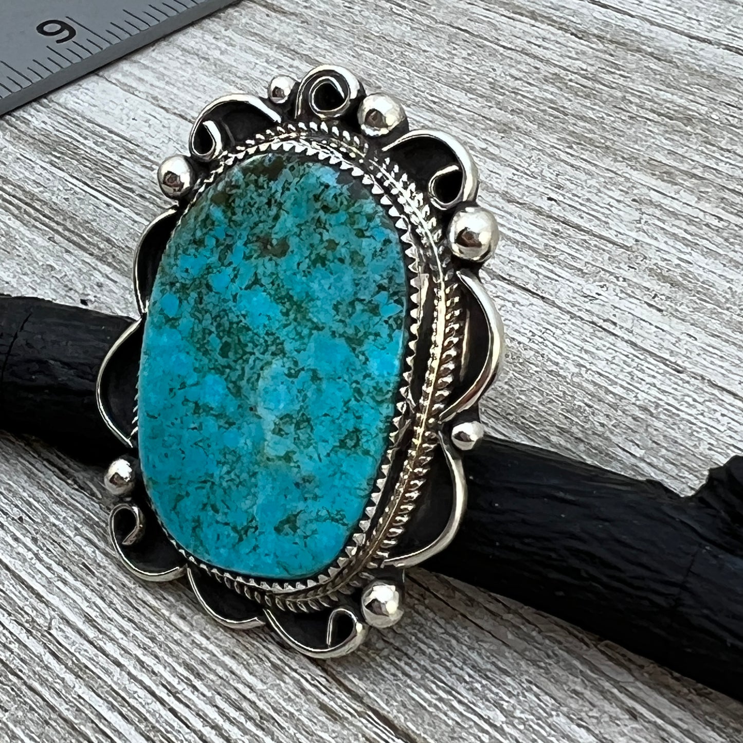 Size 9 Large Blue Kingman Turquoise Stone Statement ring Navajo Leslie Nez