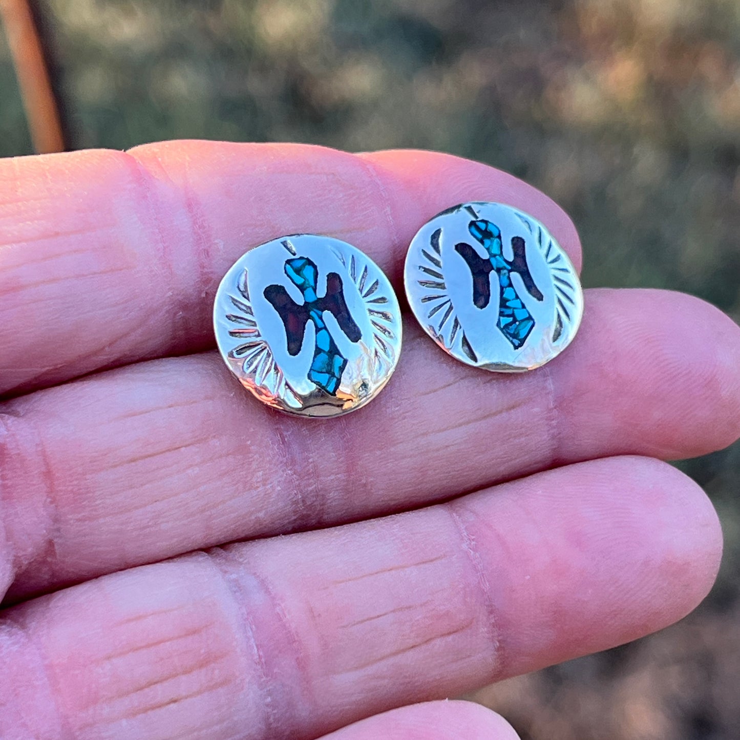 Turquoise Chip inlay Peyote bird small concho earrings Sterling silver Sally Shurley