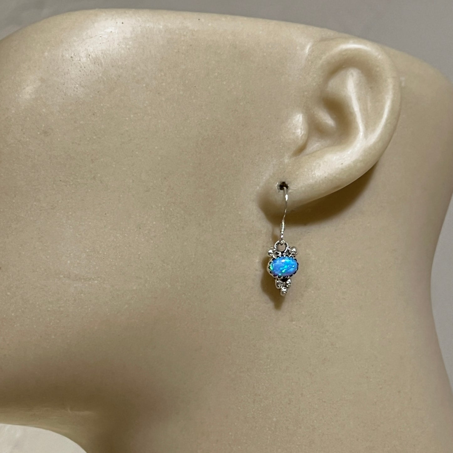 Dainty blue Opal Dangle earrings, small handmade Sterling Silver